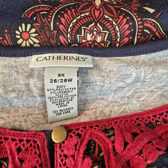 Catherines 3X 26/28W Womens Top Boho Style Keyhole Neckline Navy Red JJ4044 - Picture 3 of 12